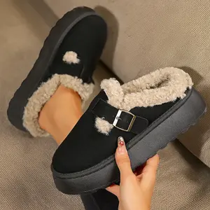 Women's Soft Plush Slip-On Slippers With Buckle Warm Lined Anti-Slip Flat Sole Fashion Wear For Fall Winter