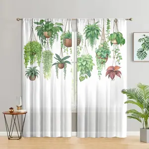 2 pieces, hanging basket plant printed curtains, tropical green leaf plant design, pole pocket style, semi sunshade polyester fiber, suitable for home living room, bedroom, balcony, kitchen, study and shower room window decoration, anti privacy, easy to c