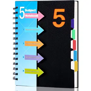 5 Subject Notebook, A5 Small Spiral Notebook with Removable Pocket Dividers Tabs, 240 Pages Spiral Note Book College Ruled for School Work Note taking, 6.1 * 8.27in, Balck
