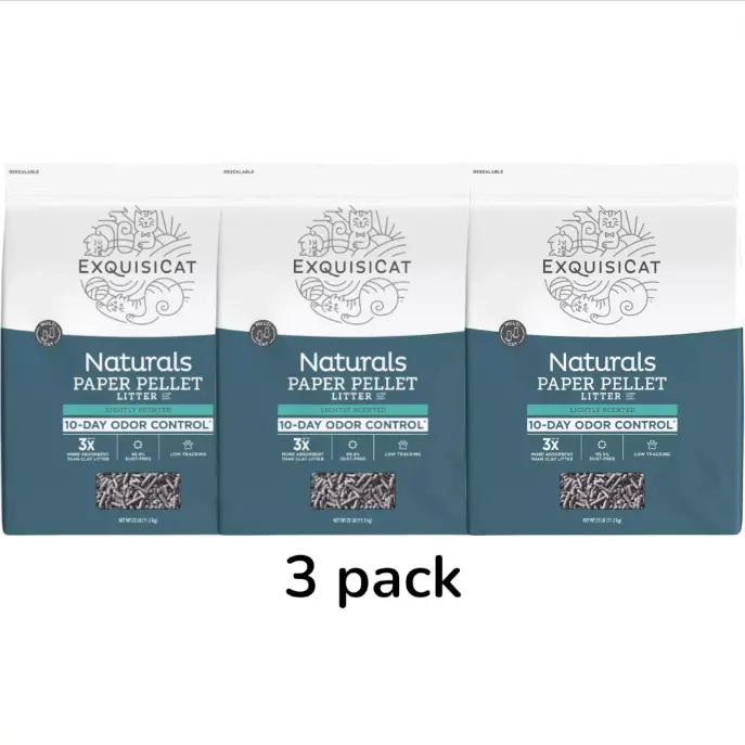 ExquisiCat Litter Multi-Cat Paper Pellet Cat Litter - Scented, Low Dust, Low Tracking, Natural, 3 pack, 25 LB, Pet Cat Litter, Indoor Cat Litter, Household Cat Litter, Cat Box Litter, Long Lasting Litter, Clean Cat Litter, Daily Cat Litter