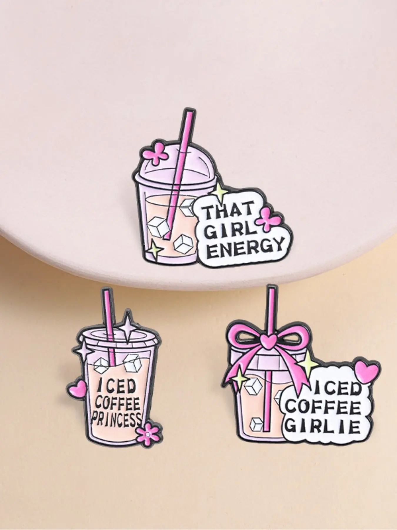 3pcs "ICED COFFEE GIRLIE" Enamel Pin Brooch Set, Cute Pink Bow, Heart and Coffee Cup Design, Fashion Accessory, Perfect Gift for Friends, Brooch Pins