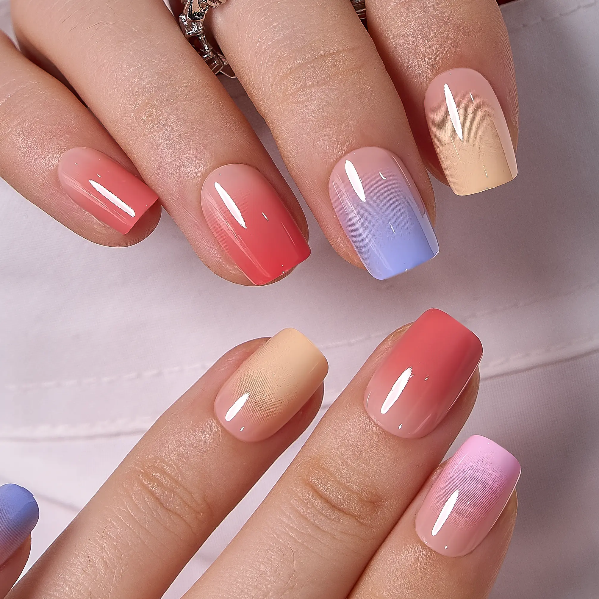 Vibrant Colorful Gradient Press-On Nails | CurvLife Nail | 24pcs Short Oval Fake Nails | Glossy Finish with Soft Blend & Lively Tones | Easy to Apply, Comfort Guaranteed & Long-lasting | Perfect for Parties, Music Festivals, Art Exhibits & Fun Occasions