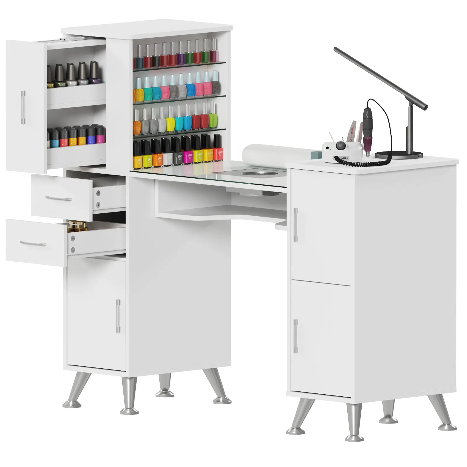 Stable Wood Nail Desk Workstation - Modern Salon & Home Manicure Furniture with Glass Top Surface, Dust Collector, 4 Dust Bags, Storage Drawers, Cabinets
