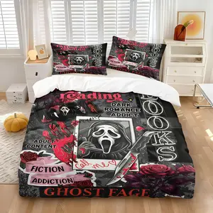 Gothic Horror Face Print Duvet Cover Set, Includes One Comforter Cover and 1/2 Pillowcases Without Core, Soft Flannel Quilt Covers, Unique Gift for Thriller Book Lovers