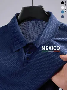 Men's Casual Sporty Print Polo Neck Short Sleeve T-Shirt, Breathable Elastic Bamboo Texture, Quick-Dry Fashion Tee for Daily Wear