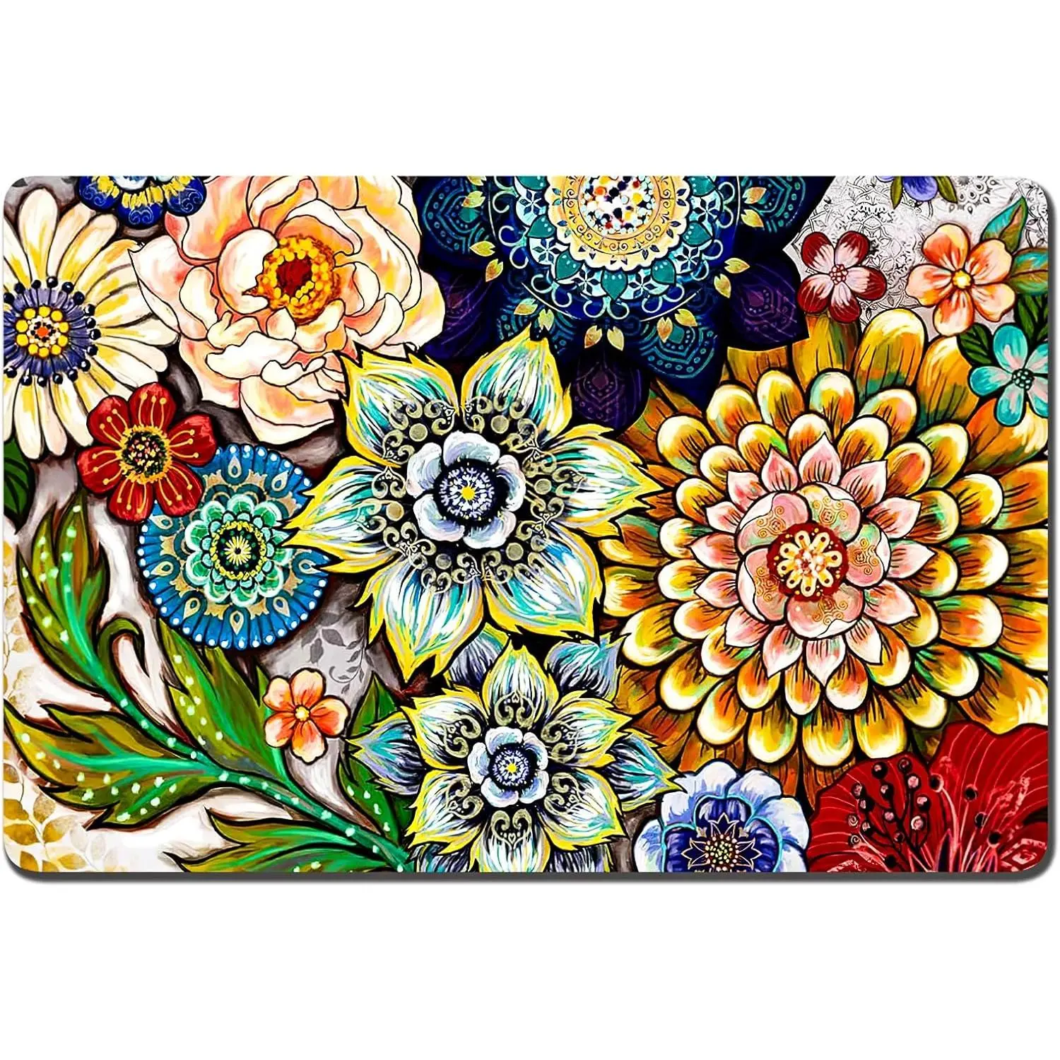 Dog Food Mat, 12"x19" Flower Dog Mat for Food and Water, Absorbent Cat Bowl Mat Protect Floors, Cute Cat Food Mat for Feeding & Watering Supplies, Pet Feeding Mat, Mandala Floral Pet Placemat