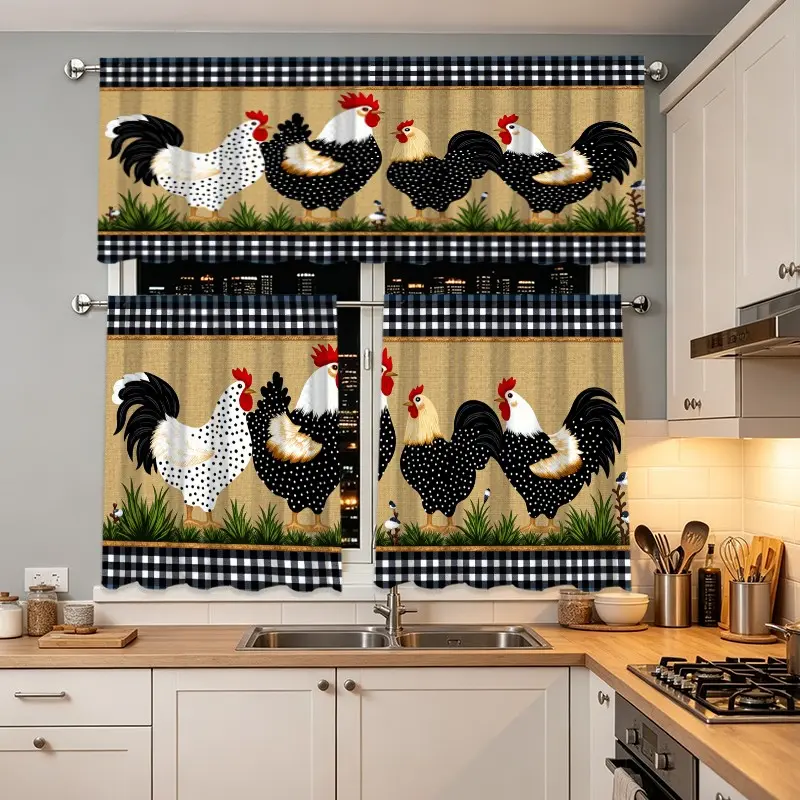 3pcs Polka Dot Chicken Pattern Farmhouse Curtains, Window Curtain, Kitchen Living Room Decorate Valance Set, Cafe Restaurant Home Decor, Home Decoration Curtain, Ideal Choice for Home Enthusiasts