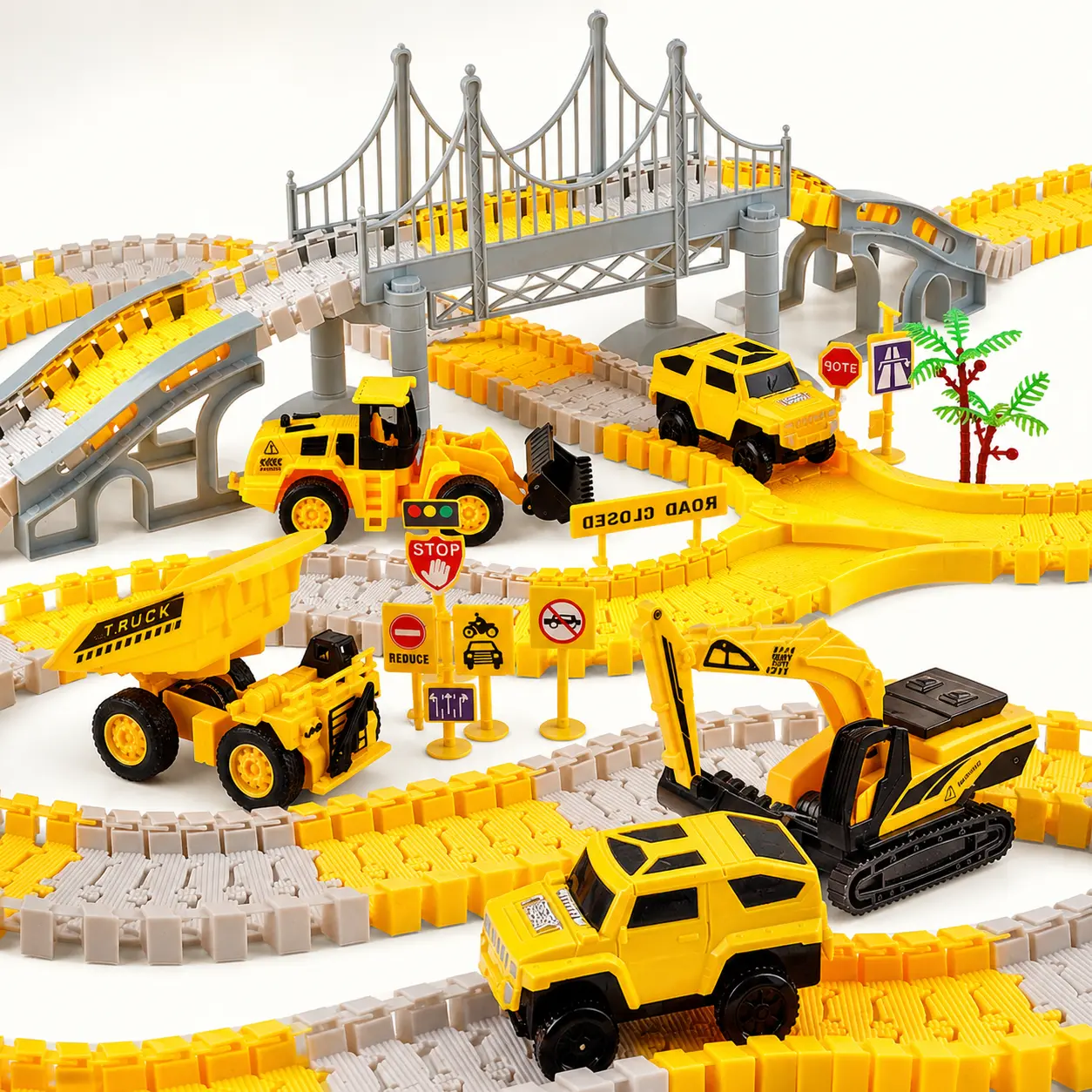 Construction Track Set for Kids, 276 PCS Construction Site Track Toy with Dump Truck, Excavator, Race Cars, Bridge, Road Signs & Flexible Tracks for Boys Girls