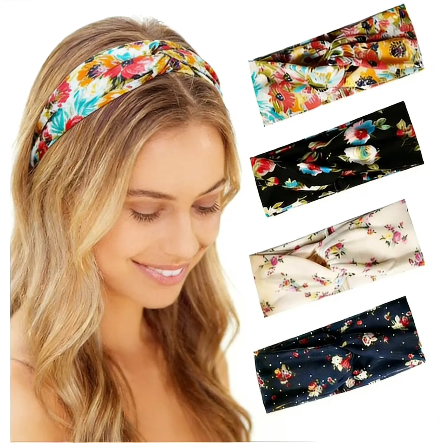 JOWNEEL 4-Pack Women'S Floral Elastic Turban Headbands – Stylish Head Wraps for Fashionable Hair Band