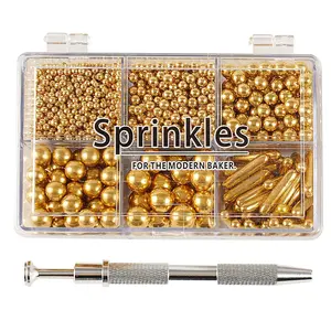 Gold Mix Sugar Sprinkles Edible Candy Pearls with 4 Claw Sprinkle Pen 118g 4 16 Oz Gift Box Pack for Baking Cake Decorations Ice Cream Toppings and Cookie Decorating