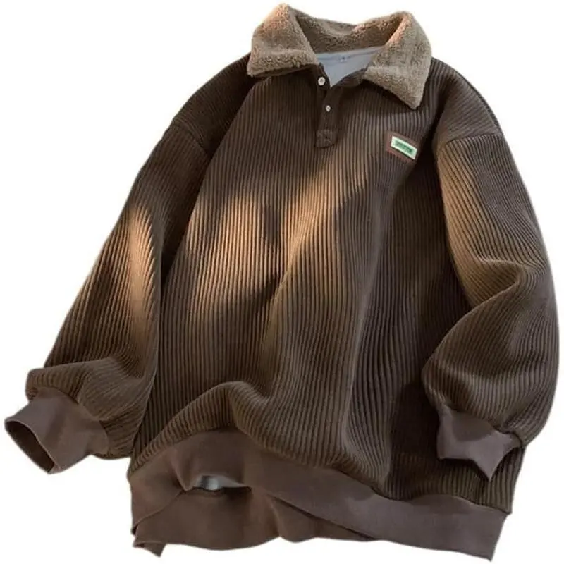 Women's Corduroy Polo Sweater, Soft Baggy Longsleeve Pullover, Casual Menswear-Inspired Style for Couples, Everyday, Long Sleeve, Long Sleeves, Fit, Comfortable