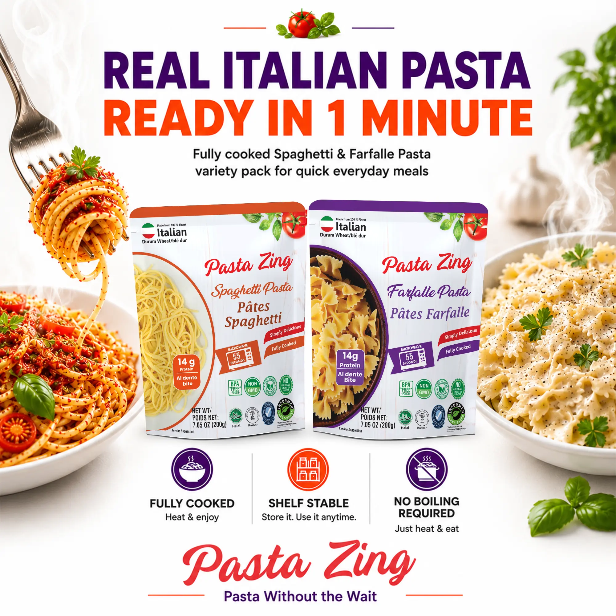 Pasta Zing Variety Pack | 4 Spaghetti & 3 Farfalle Pasta Packs | 7 Pack | Ready in 1 Minute
