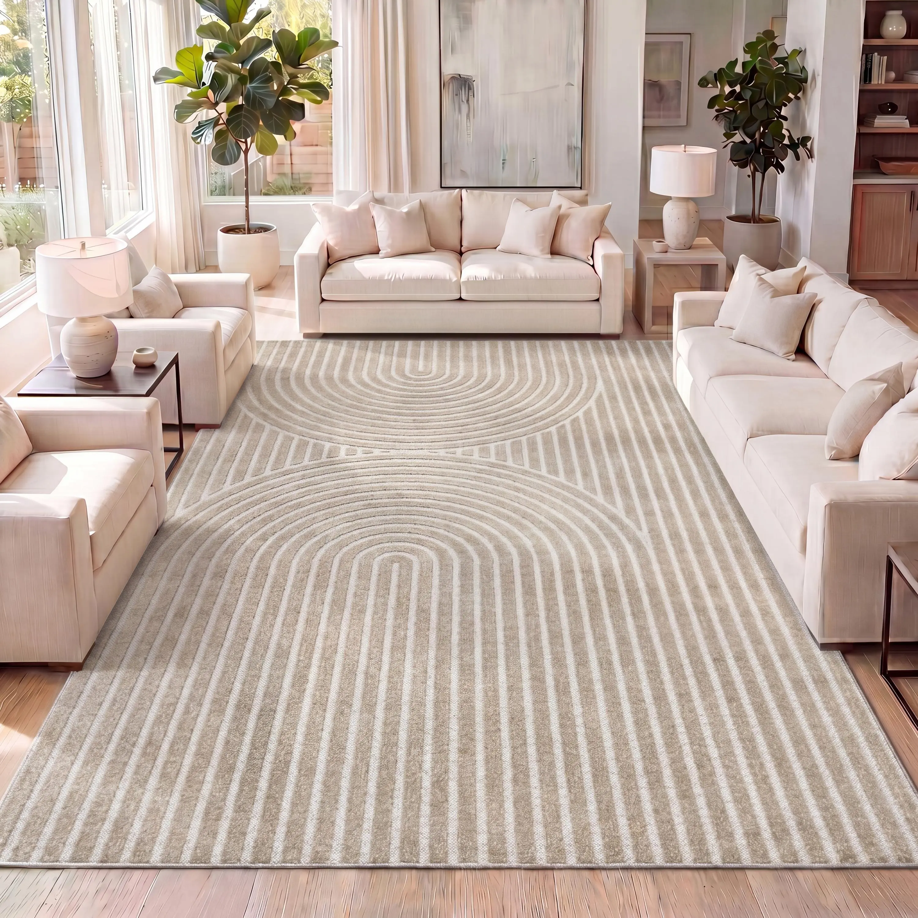 JONATHAN Y Sofia High-Low MidCentury Modern Arch Stripe Two-Tone Indoor/Outdoor Area Rug; for Living Room, Kitchen, Bedroom, Dining Room, Patio, Porch, Backyard