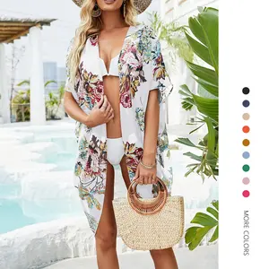 Danedvi Women's Loose Floral Chiffon Kimono Cardigan - Breathable Batwing-Sleeved Open Front Shawl, Oversized Thigh-Length Coastal Glamorous Pool-Style Swimwear Cover Up for Summer Casual Beach Use, Oversized Cover Ups, Thigh-Length Cover Ups