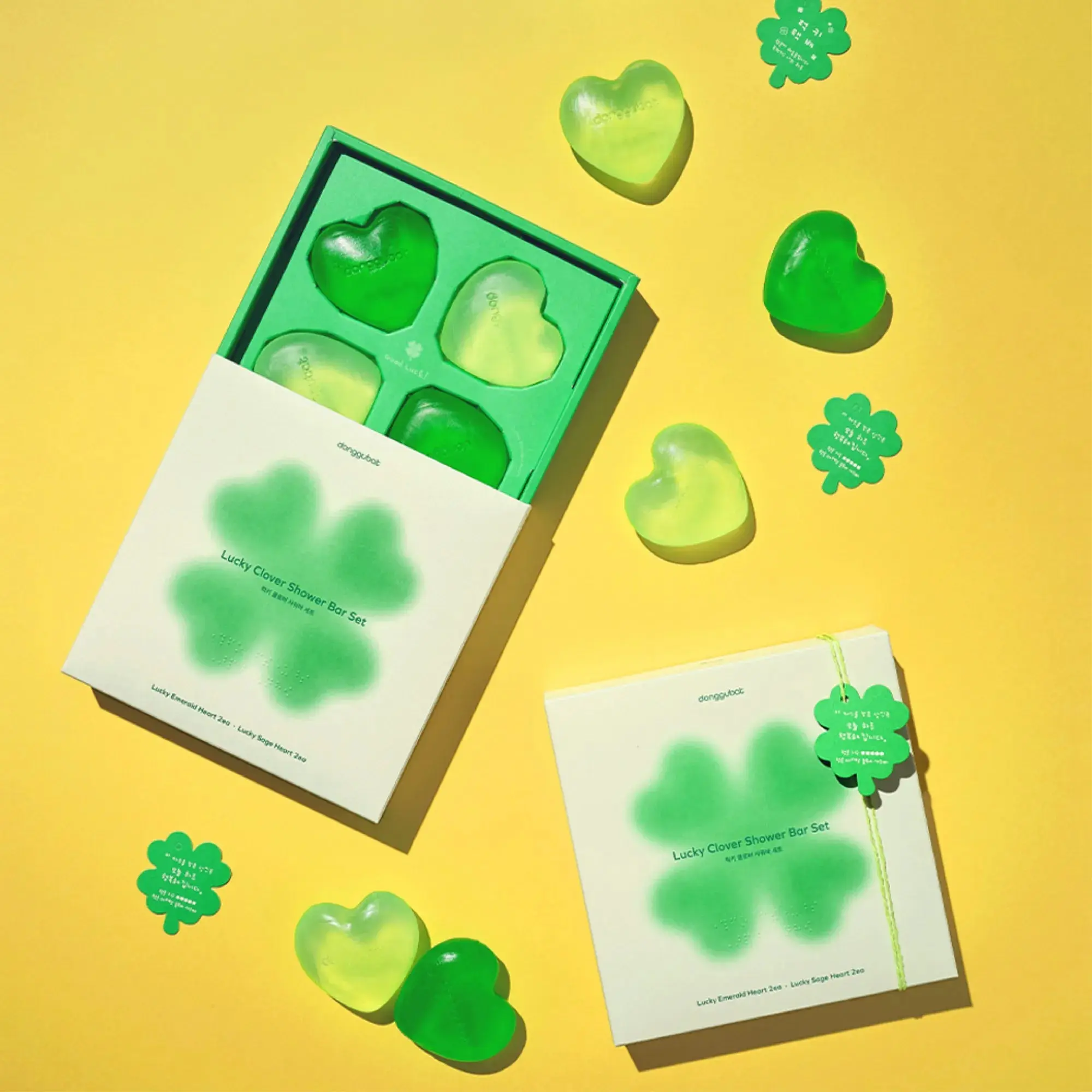 Donggubat Lucky Clover Shower Bar Set - Vegan All-in-One Heart Soaps