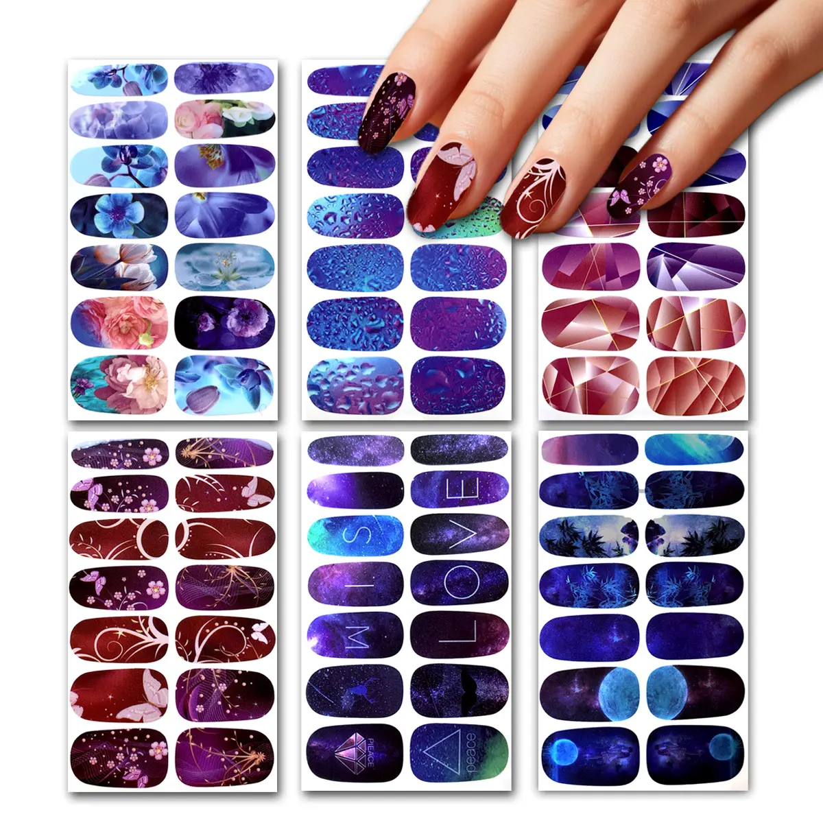 DIY Nail Art Stickers Set, 7 Sheets & 1 Scraper, Self-Adhesive Manicure Decals for Women Girls, Full Wrap Nail Polish Strips