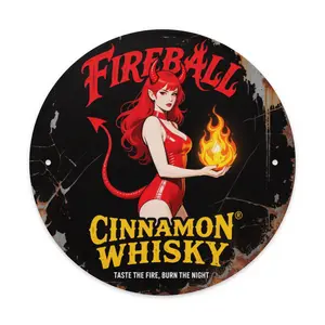 2D Flat, 1 Fireball Turmeric Whiskey Round Aluminum Sign - 7.8x7.8inch Reusable Rainproof Metal Wall Decoration, Vibrant Red And Design, Perfect For Home Bar, Room Decoration Or Holiday Gift, Metal Wa