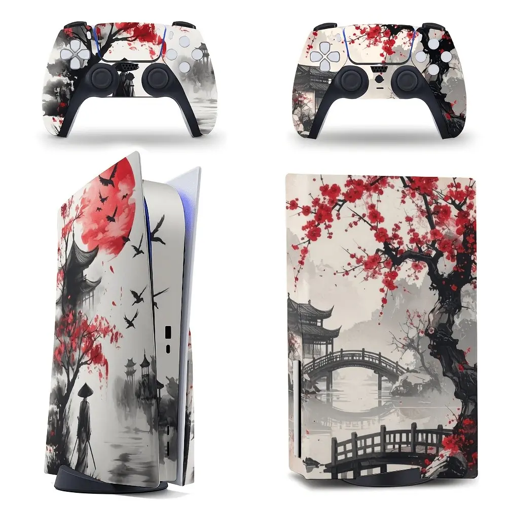 Crimson Sun Samurai Ink Art Vinyl Skin Sticker Compatible with PS5 (Disc/Digital), PS5 Slim, PS5 Pro Console and 2 Controllers, Full Cover Decal Wrap, Gift for Gamers