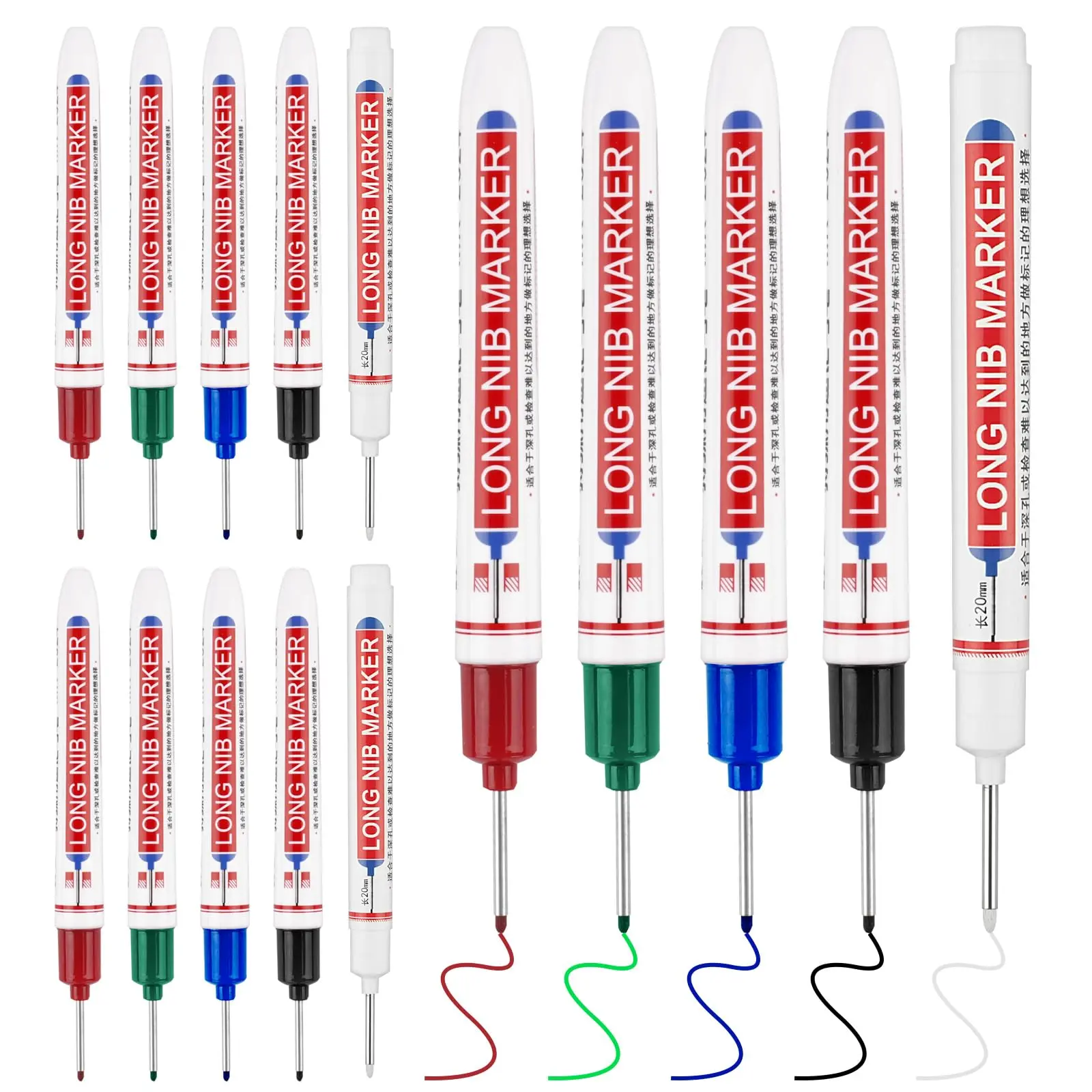 15-Piece Deep Reach Marker Pens with 20mm Long Nose Nibs, Quick-Drying Waterproof Permanent Mark Tools with Side Ruler, Colorful Pens for Carpenters & DIY Projects, Office Stationery Writing Supplies