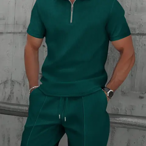 Men's Half-Zip Short Sleeve Polo Shirt & Shorts Set Casual Summer Wear, Breathable Waffle Fabric, Versatile Style, Fashion Comfortable Men's Clothing for Daily Wear, Casual Matching Sets