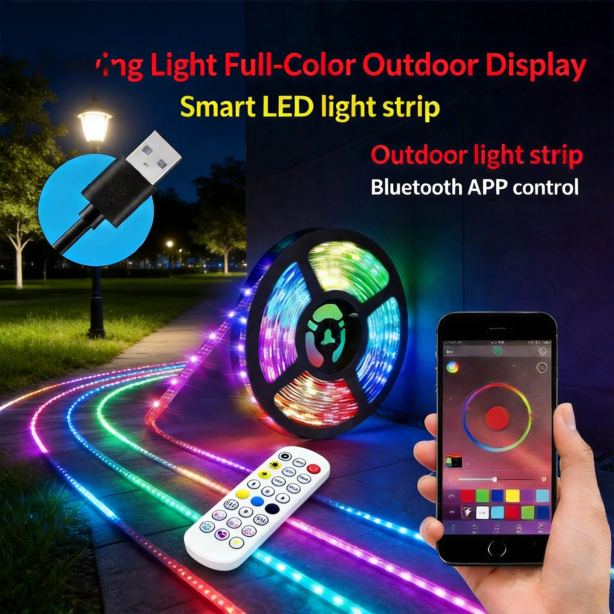 16.4FT 300-LED RGB Iridescent Color-Changing USB String Lights, Mobile APP Bluetooth Voice & Remote Control, Breathing, Rhythm Pickup, Galloping Water Chasing, Jumping Effects, IP67 Waterproof Led Light for Indoor Stairs, Party Decor