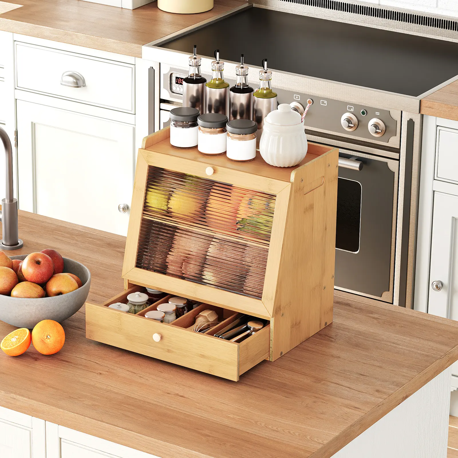 HOOBRO Bread Box, Bamboo Bread Box Storage Container with Drawer, Kitchen Countertop Food Storage Box with 2-Tier Storage, Storage Box with Acrylic Door, for Food Storage#springtok