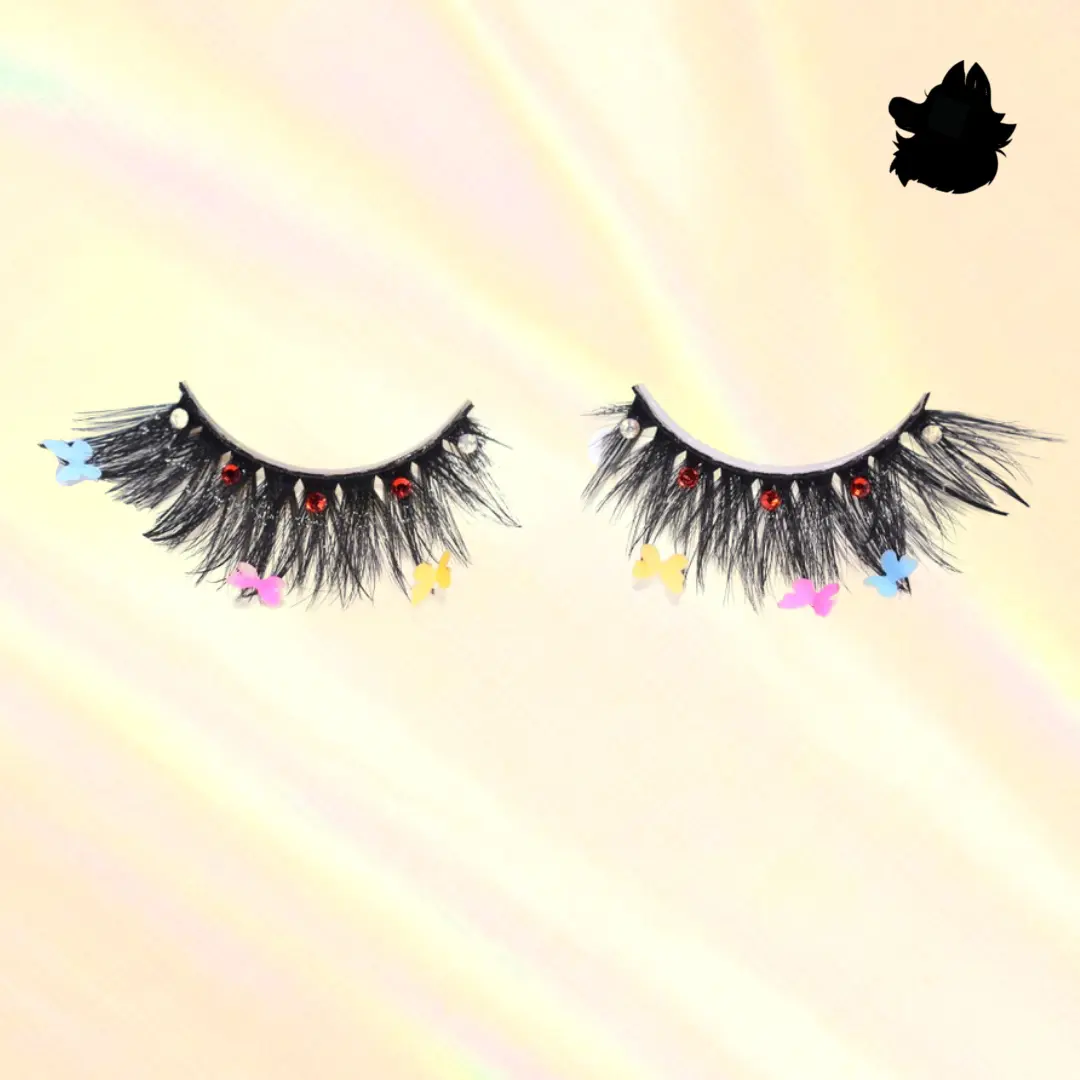 Dolly Butterfly Sequined 5D Lash 25mm Anime Style Fluffy Eyelashes Extensions with Red Silver Sequins & Blue Pink Yellow Butterfly Accents | Perfect Halloween Lashes Colorful