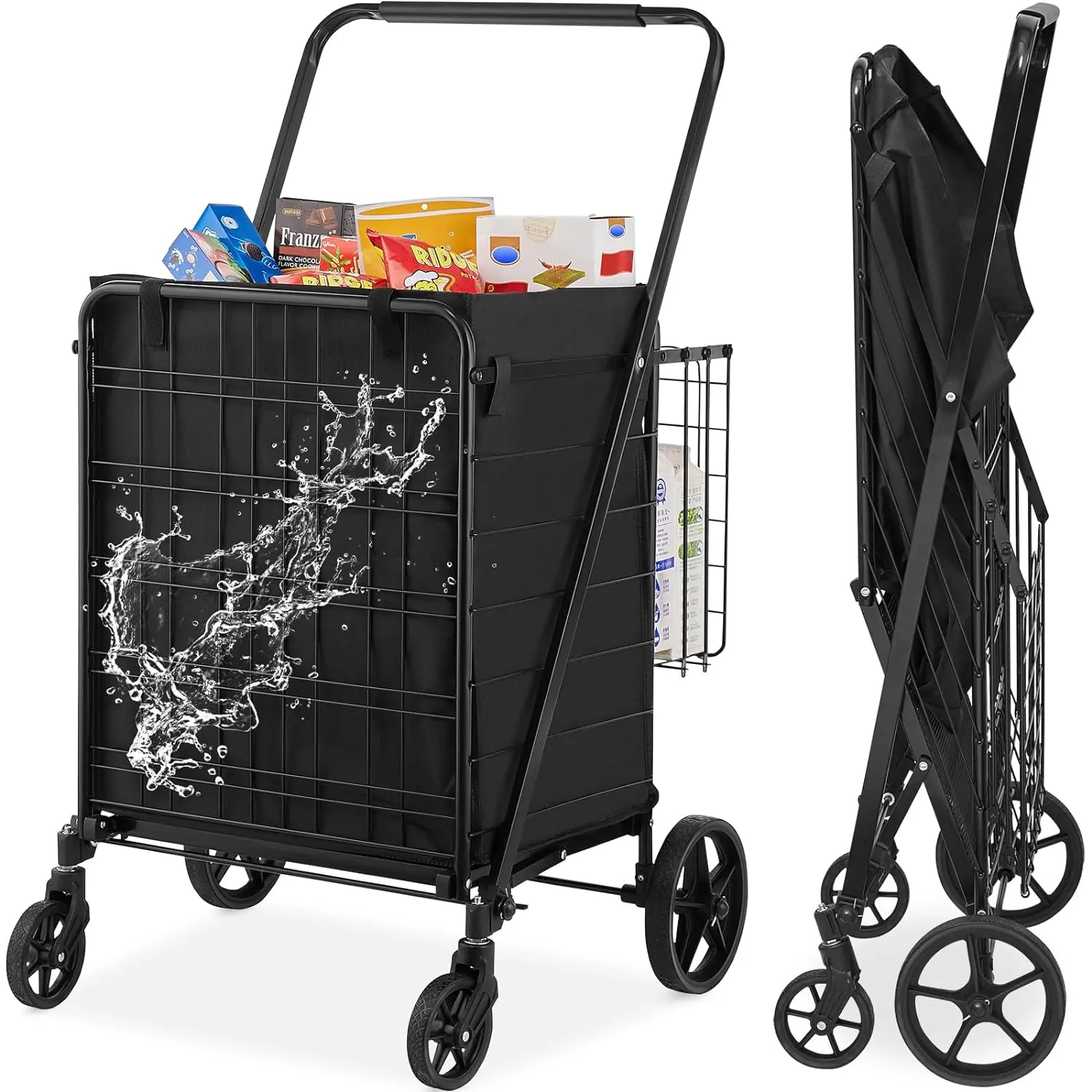 【Summerfinds】VEVOR Folding Shopping Cart with Removable Waterproof Liner,  Max 330LBS Large Capacity Jumbo Grocery Cart with Dual Basket, 360° Swivel Wheels, Dense Metal Mesh Base, Heavy Duty Utility Cart