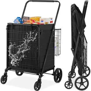 【Summervibes】VEVOR Folding Shopping Cart with Removable Waterproof Liner,  Max 330LBS Large Capacity Jumbo Grocery Cart with Dual Basket, 360° Swivel Wheels, Dense Metal Mesh Base, Heavy Duty Utility Cart