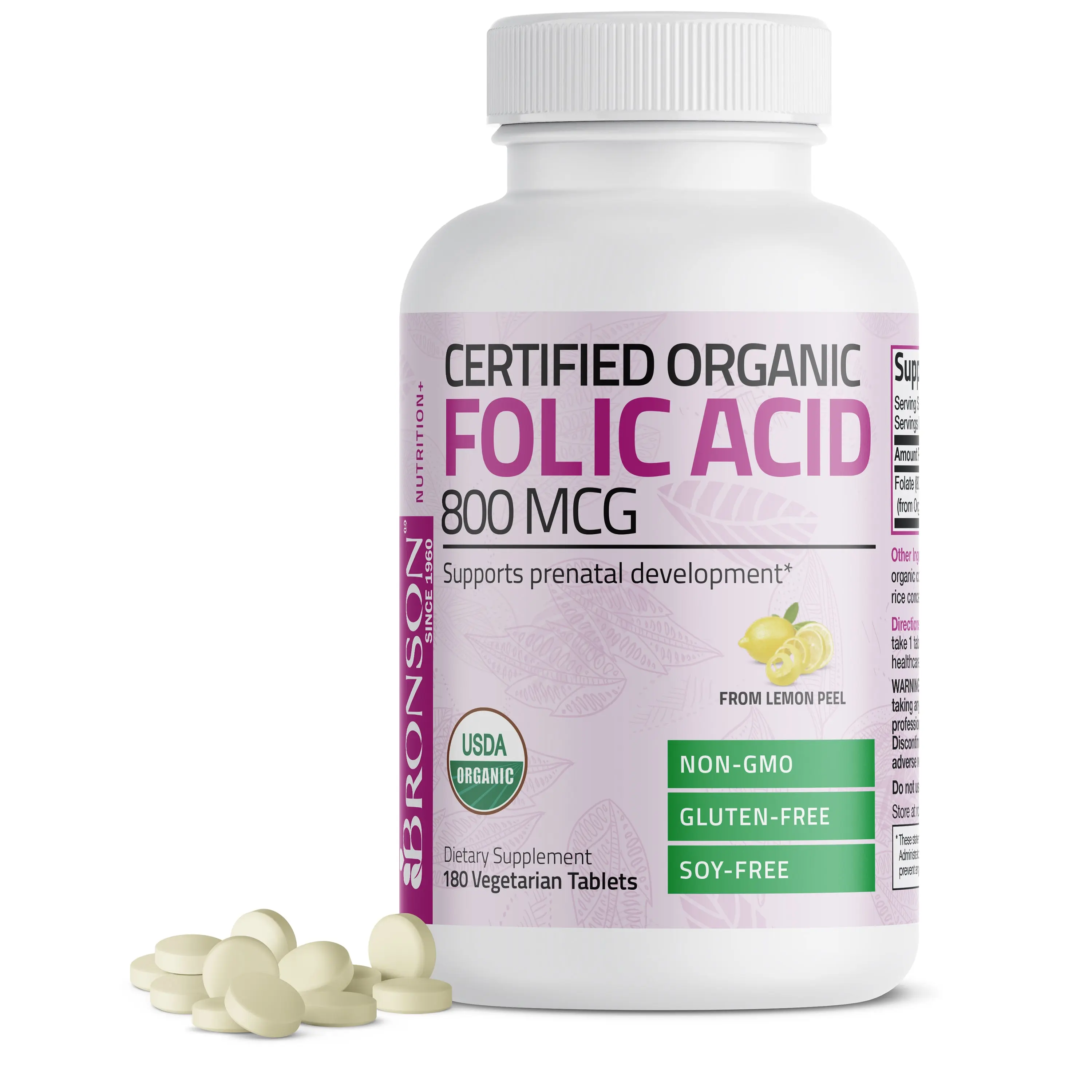 Bronson USDA Certified Organic Folic Acid (Folate) Vegetarian Tablets  - 800 mcg