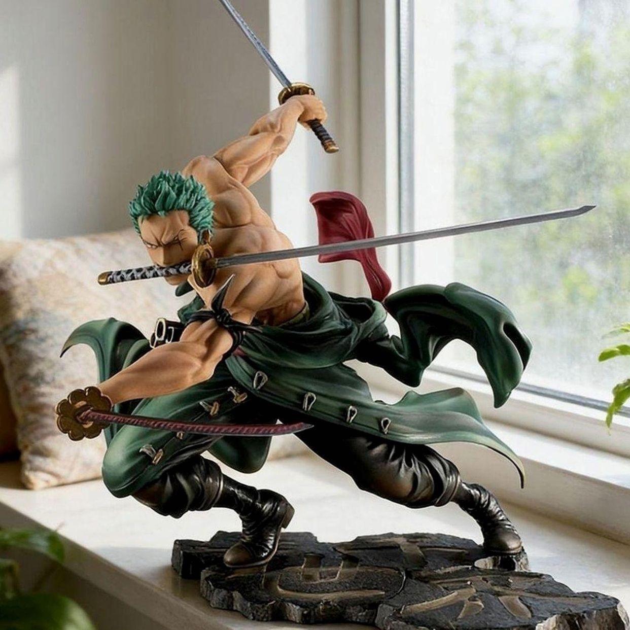 One Piece Roronoa Zoro Three-Sword Style Figure, Anime Collection Desktop Decor， Roronoa Zoro Battle Figure, Highly Detailed Statue Ornament "Thousand World" Scene Figure, Anime Collection Gift, Action Figures