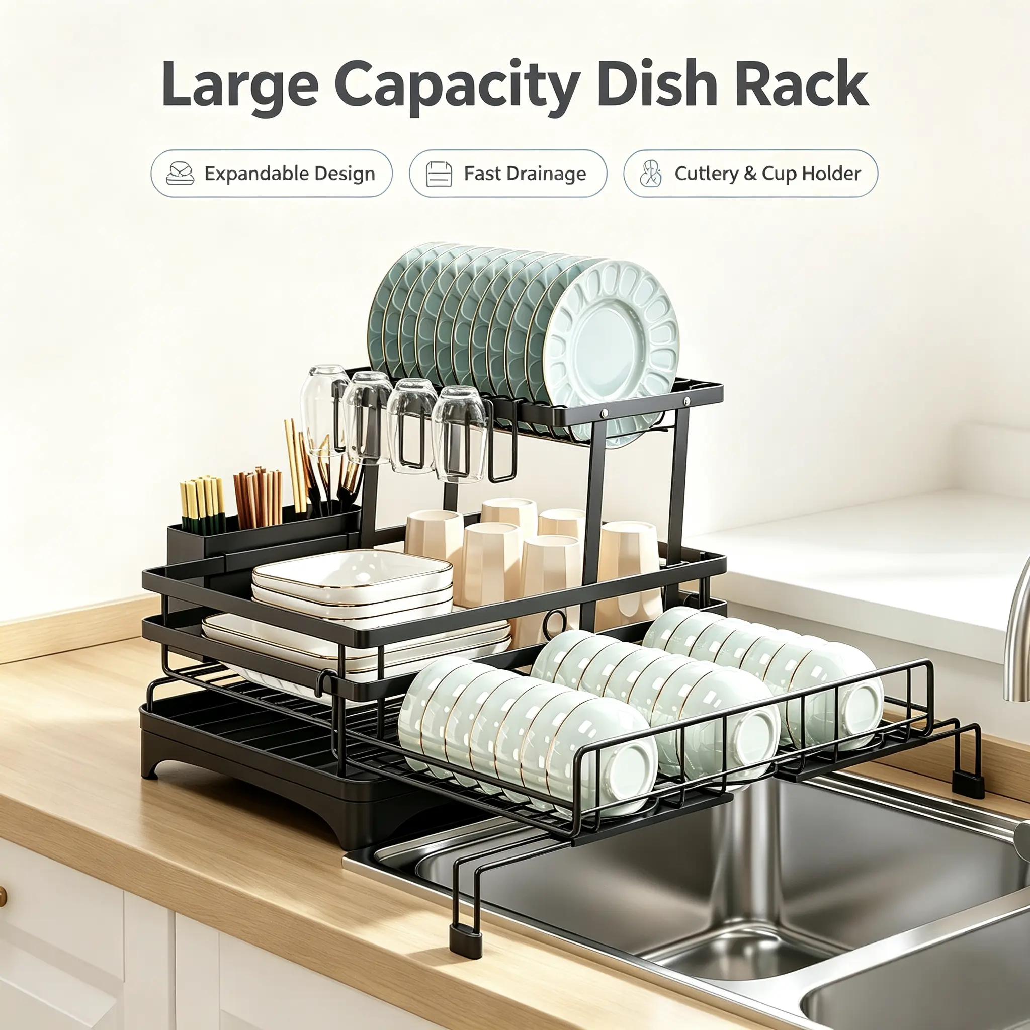 2-Tier Foldable Expandable Dish Drying Rack with ABS-Carbon Steel Construction, Anti-Rust Powder-Coated Holder - Large Stand Double Decker Draining Boards, Space-Saving Kitchen Counter Organizer for Dishes & Utensils, Expanding Drying Rack Draining Boards