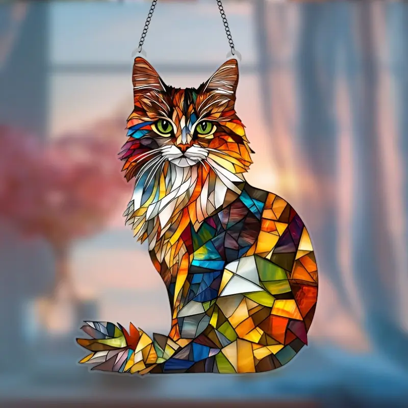 [Colorful Cat Sun Catcher] Colorful 1pc 2D Flat Acrylic Long-haired Cat Sun Catcher,