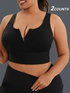 Plus Size Solid Zipper Sports Bra, Criss Cross Sporty Breathable Comfortable Bra for Yoga Gym Workout, Women's Plus Size Sport & Outdoor Clothing for All Seasons, Workout Clothes Women, Workout Bras
