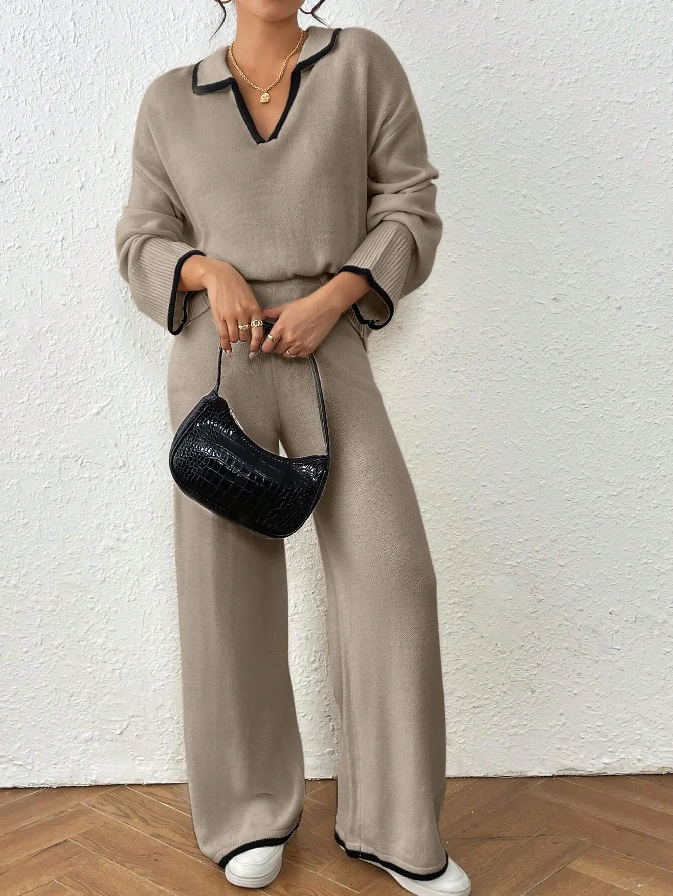 Women's 2-Piece Knit Set | Contrast Binding V-Neck Loose Sweater & Wide Leg Pants | Quiet Luxury Lounge Set | Elegant Khaki Fall & Winter Outfits | Dropped Shoulder Casual Travel Set | Designer Style Matching Knitwear | Minimalist Chic Set