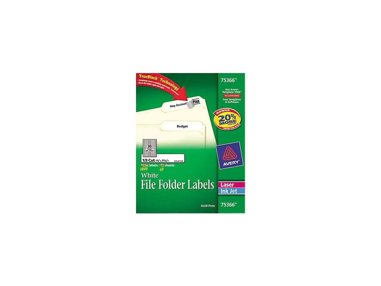 Avery Permanent File Folder Labels TrueBlock Laser/Inkjet 2/3 x 3 7/16 1800/Box