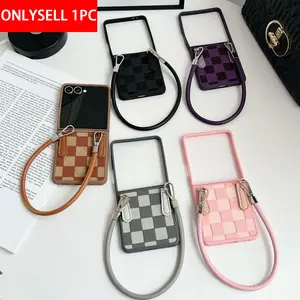 PU composite leather checkered design, equipped with a carrying strap, hard PC back plate protective cellphone case Casing Cover, suitable for Samsung Galaxy Z Flip7, Z Flip7FE, Z Flip6, Z Flip5, Shockproof Protector