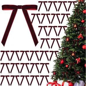 30 Pcs Christmas Velvet Wreath Bows, 5 x 7 Inch Vintage Velvet Ribbon Rustic Crafts Gift Bows for Indoor Outdoor Wreaths Garland Holiday Xmas Tree Wrapping Crafts (Burgundy Red, Width of 5/8")