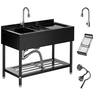 Garvee Upgraded-Commercial Grade 304 Stainless Steel Utility Basin, Freestanding Single/Dual Bowl, Pull-Out Hot & Cold Faucet, Drainboard and Shelf, for Restaurant, Kitchen, Garage, Laundry Room
