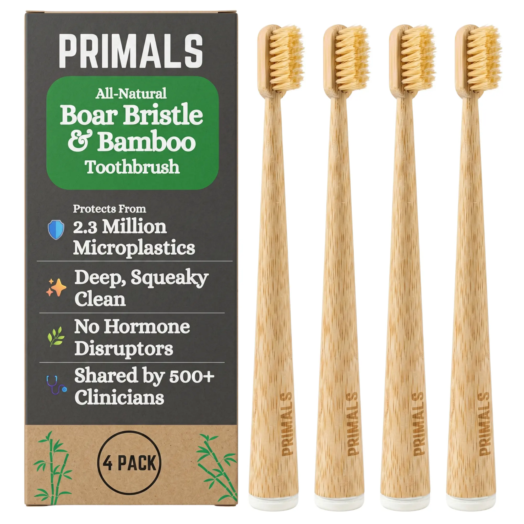PRIMALS Boar Bristle & Bamboo Toothbrush (4-Pack) - Premium Boar Bristles - Approved by 500+ Clinicians - Fully Biodegradable - Plastic & Nylon Free - Quick Dry Design - Plastic-Free Oral Care