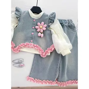 Girl's Spring/Autumn Denim Set: Round Neck Three-Dimensional Floral Vest, Lace-Trimmed Long Pants, and Stylish Base Layer Top - Fashionable 3pcs Set, Perfect for Outdoor
