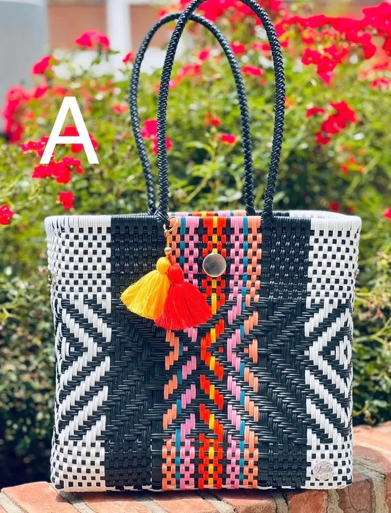 Large Mexican handwoven, Market bags, Mexican Basket, Mexican Plastic Totes Bag , Beach Bag boho recycled bags unique colorful bag
