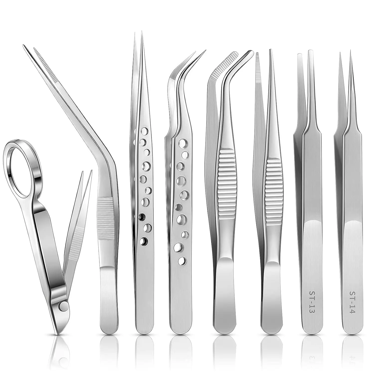 8 Pcs Stainless Steel Tweezer Set Forceps Magnifying Glass for Beauty Craft | stainless steel，Curved, Flat Tip Forceps, Straight Round Tip, Lab Craft Beauty Tool