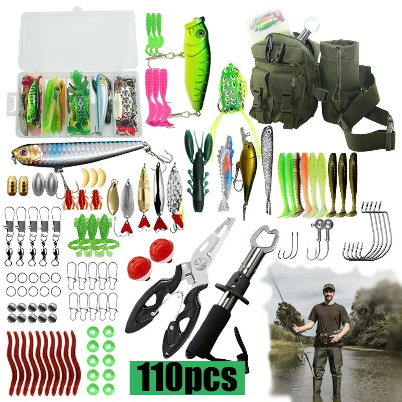 110-Piece Complete Fishing Gear Set, Fishing Gear and Equipment, Surface Lures, Soft Baits, Lead Head Hooks, Fishing Pliers, Fish Clamps, Waist-Attached Tool Bag, Fishing Lure Kit