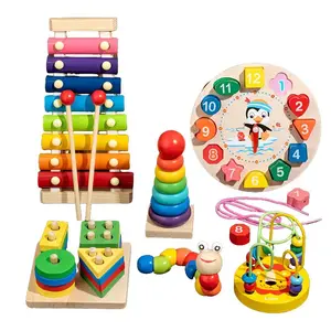 1 Set Wooden Montessori Toy, Multi Activity Playset, Colourful Towers & Eight-tone Glockenspiel & Colorful Twister & Twirls Tree & Beaded Clock, Teaching Supplies, Birthday Gift,Christmas Gift, Wooden Busy Board