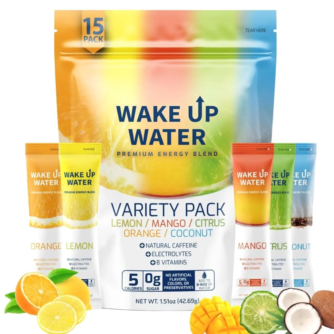 Wake Up Water Energy Drink Mix, Sugar Free Clean Energy Powder with Electrolytes & B Vitamins, Natural Caffeine for Focus & Hydration (15 Pack) - Variety
