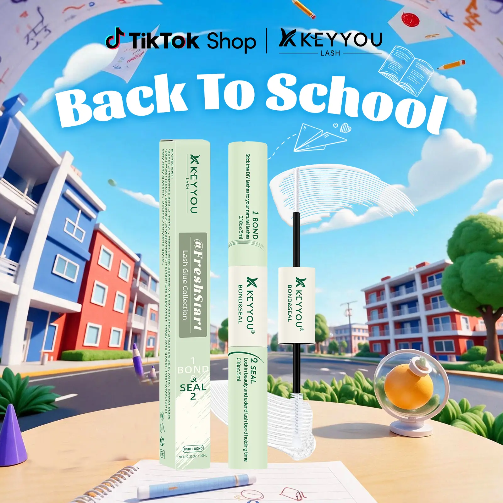 KEYYOU Lash Bond & Seal 10ML Waterproof Cluster Lash Glue with Mascara Brush for Eyelash Extensions Strong Gentle Lash Cluster Glue Latex-Free