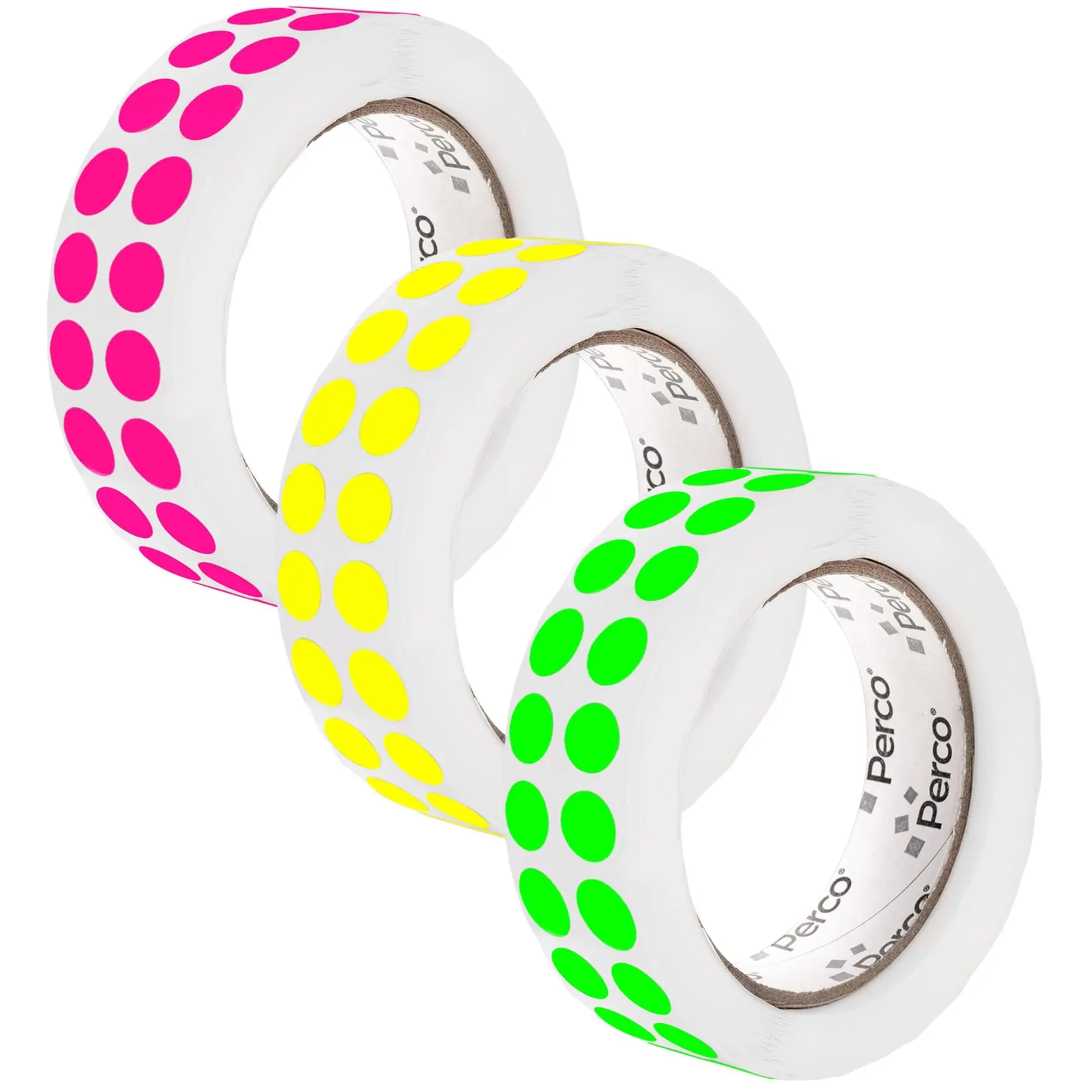 Perco 1-Inch Perforated Fluorescent Dot Shape Sticker Labels, 3-Roll Set (1 Green,1 Yellow,1 Pink) - 3000 Dots, Permanent Adhesive for Color-Coding, Crafting, Classroom Activities, Made in USA