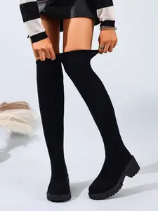 Women's Over-The-Knee Elastic Round Toe Boots, Comfortable Rubber Thick Sole High-Top Motorcycle Boots, Fall Winter Fashion Casual Footwear