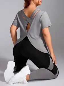 Women's Plus Size Comfortable Sportswear Set, Casual gym wear, Cross Back Short Sleeve Top & High Waist Tight Pants, Perfect for Gym Workouts